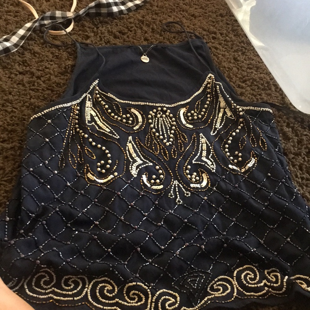 Beaded navy tank top